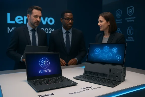 Three professionals discuss Lenovo ThinkPad AI PC concepts at a tech exhibit.