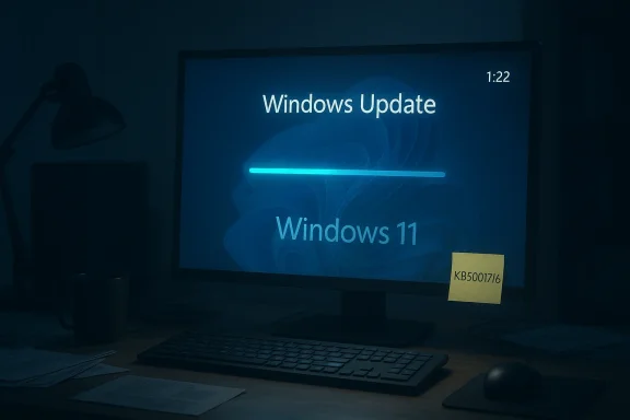 A computer monitor shows Windows Update progress on Windows 11 in a dim desk setup.