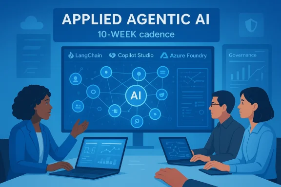 Team analyzes an AI network diagram on a large screen for a 10-week Applied Agentic AI program.