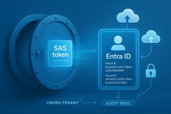SAS token flows into Entra ID with cloud sync and cross-tenant audit trail.