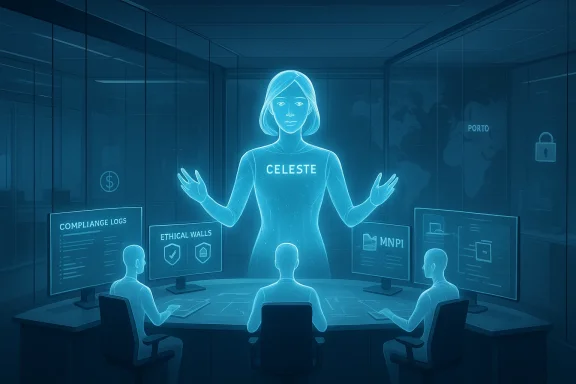 A holographic Celeste guides a compliance briefing in a high-tech boardroom.