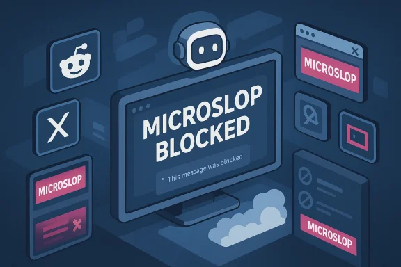 Isometric blue illustration of a monitor showing MICROSLOP BLOCKED with floating app icons around.