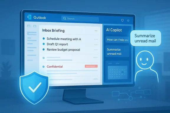 Outlook inbox on a computer screen with AI Copilot and a shield icon.