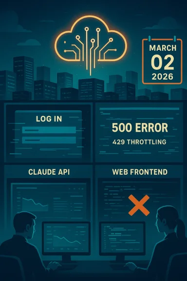 Tech ops scene with cloud circuitry, dashboards, and developers tackling a 500 error.