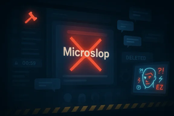 A dark tech scene with a neon “Microslop” crossed by a red X, signaling software failure.