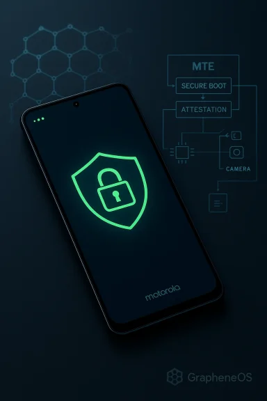 Motorola phone glows with a shielded lock, signaling GrapheneOS security.