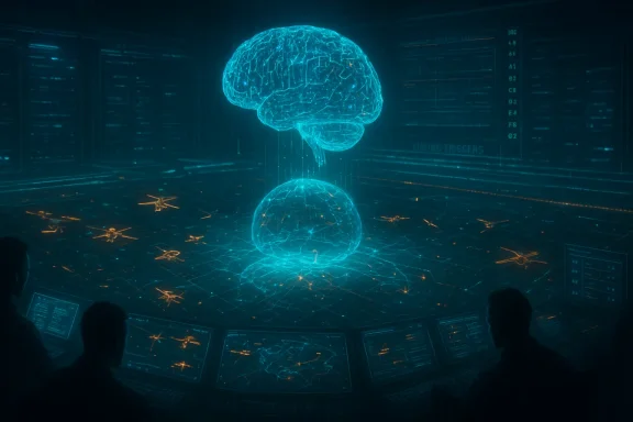 Silhouetted scientists monitor a glowing blue holographic brain and orb in a futuristic command center.