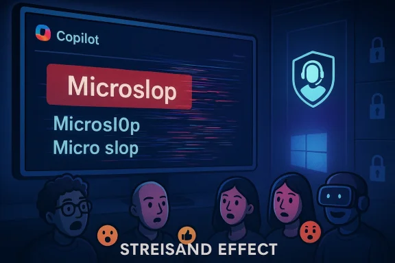 A presentation slide mocks Microslop with reaction emojis and a Streisand Effect caption.