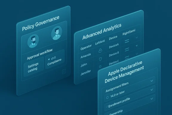 Futuristic UI panels show Policy Governance, Advanced Analytics, and Apple Declarative Device Management.