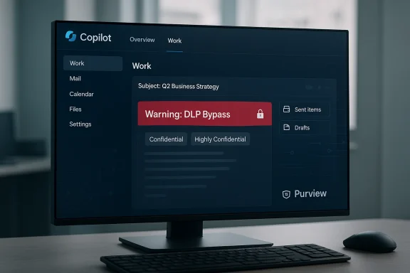Monitor shows Copilot UI with a red “Warning: DLP Bypass” banner.