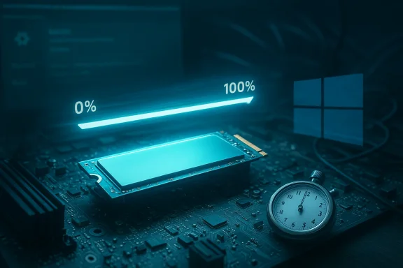 A slim SSD sits on a motherboard as a glowing 0% to 100% progress bar hovers above, with a stopwatch nearby.