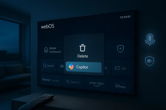 Blue-tinted webOS TV screen showing a Delete Copilot dialog on the home dashboard.
