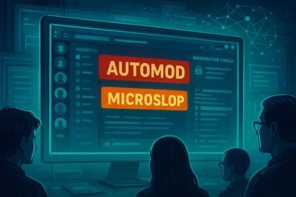A group watches a large screen displaying Automod and Microslop with moderator tools.