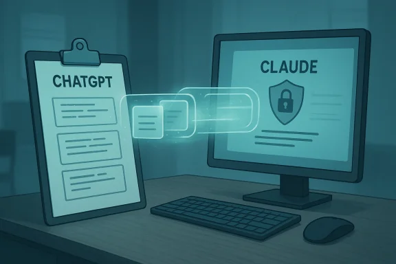 Desk setup with ChatGPT on a clipboard and Claude on a monitor, linked by holographic data cards.