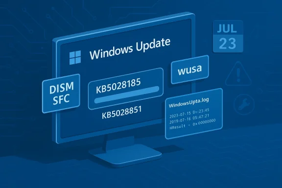 Blue computer monitor displaying Windows Update with KB update IDs and a log panel.