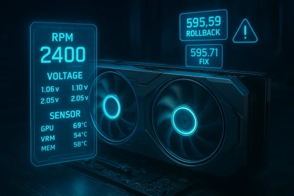 Blue holographic HUD displays GPU RPM, voltage, and sensor temps on a graphics card.