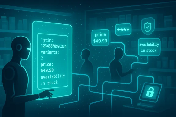 A futuristic holographic display shows product data (GTIN, price, variants) and stock.