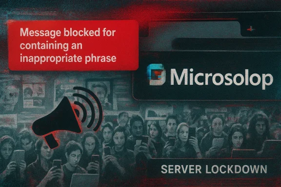 A crowd on phones watches a red 'Message blocked' alert announcing a server lockdown at Microsolop.