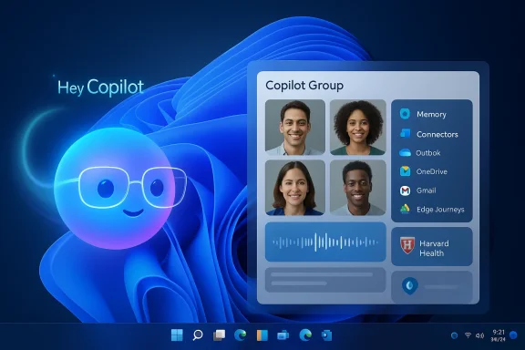 A blue AI mascot beside a Copilot Group panel showing four portraits and apps on Windows.