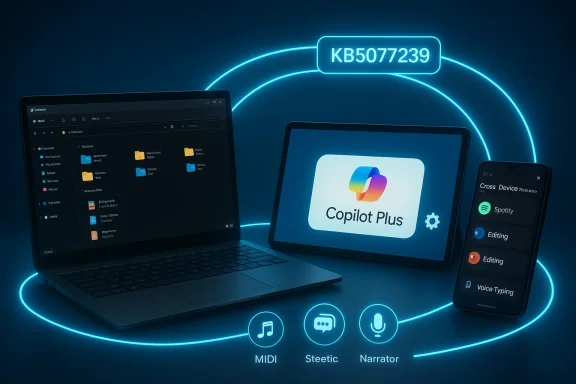 Futuristic setup with a laptop, Copilot Plus tablet, and a phone under blue neon rings labeled KB5077239.