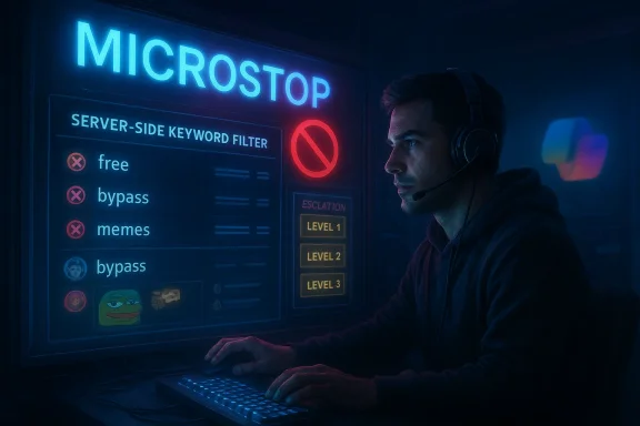 A man with a headset sits at a neon-lit console labeled MICROSTOP, monitoring a server-side keyword filter.