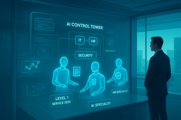 A suited man watches a glowing holographic AI control tower showing IT, HR and security.