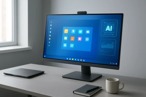 A sleek desktop setup showing an AI dashboard on the monitor, with a tablet, notebook and mug on the desk.