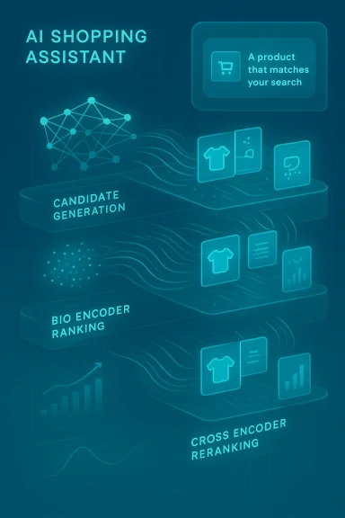 AI shopping assistant pipeline for candidate generation and ranking.