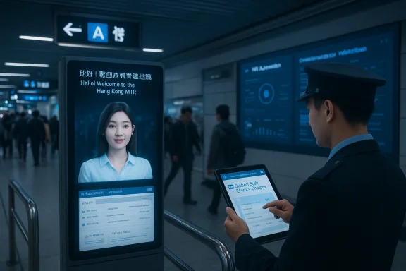 Digital welcome kiosk at Hong Kong MTR with a female avatar while a staffer uses a tablet.