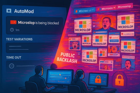 Two operators monitor as Microslop is being blocked, beside a wall of satirical Microslop posters.