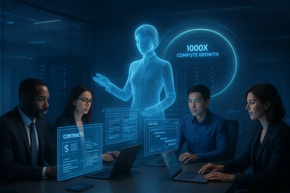 A holographic presenter guides a diverse team as they review contracts on glowing screens.