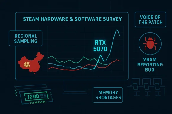 Cyberpunk Steam hardware survey infographic showing regional sampling, RTX 5070 trend, and bug reports.