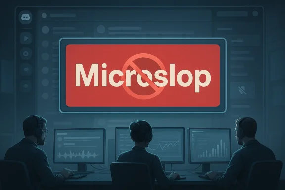 Three analysts in a dark control room watch a large red 'Microslop' warning screen.
