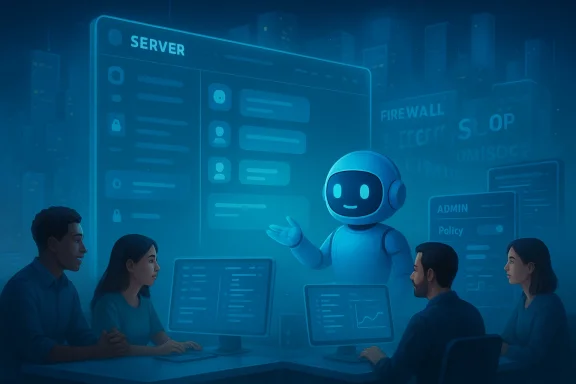 A friendly robot guides a team of people in a futuristic server room with large display panels.