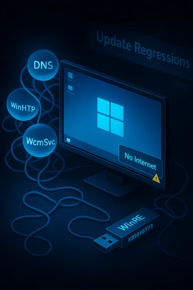 Blue-tinted Windows desktop showing No Internet, with DNS/WinHTTP/WcmSvc icons and a USB WiRE stick.