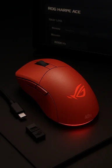 Red ROG Harpe Ace gaming mouse with USB-C cable and dongle on a dark desk.