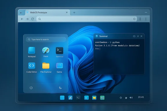Futuristic WebOS prototype desktop with rounded widgets and a floating terminal.
