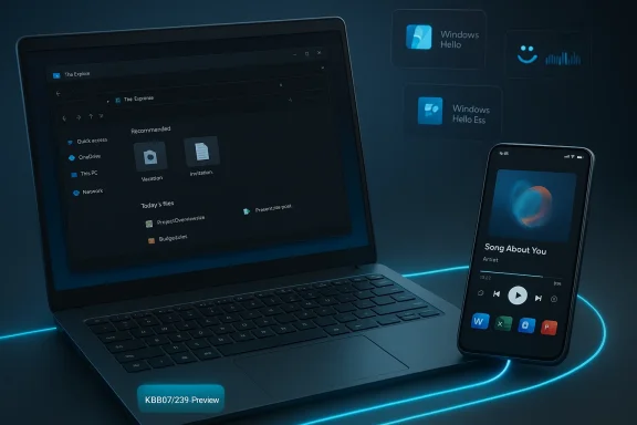 Neon-blue lighting highlights a laptop with Windows UI previews and a smartphone playing a song.