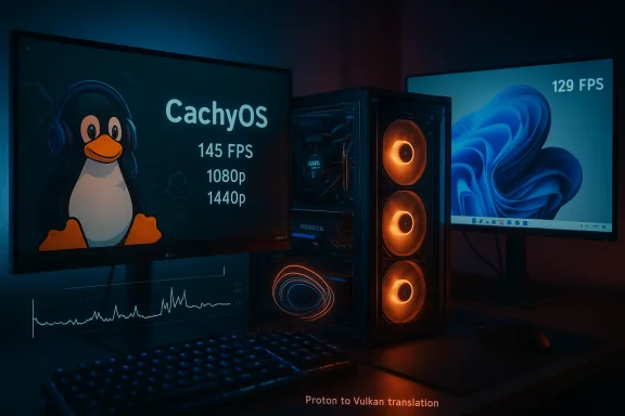 Dual-monitor gaming setup with an orange-lit PC; CachyOS on the left monitor and Windows on the right.