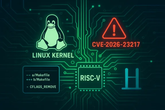 Futuristic circuit-board art showing the Linux kernel penguin and a RISC-V chip with CVE-2026-23217.