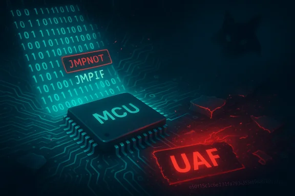 Neon-lit MCU chip on a circuit board with a red UAF tag against a blue binary backdrop.