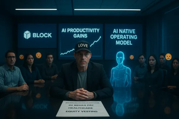 A man in a blazer and LOVE cap leads a tense meeting with coworkers as AI charts and a holographic figure loom.