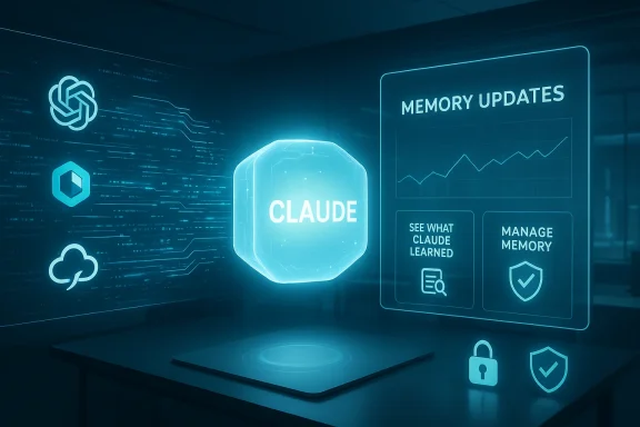 Futuristic holographic display labeled CLAUDE shows memory updates and security icons.
