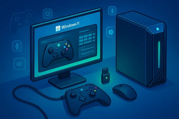 Windows 11 gaming setup featuring a monitor, PC tower, and controller in blue neon.