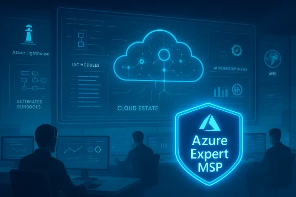 Futuristic control room displaying Azure cloud visuals and a glowing 'Azure Expert MSP' shield.
