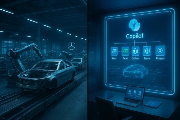 Robotized car assembly line on the left and a neon Copilot control hub with Office apps on the right.