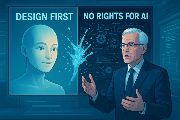 A presenter debates AI rights beside a split-screen labeled 'Design First' and 'No Rights for AI'.