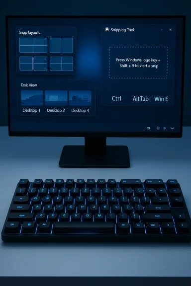 A monitor displays Windows snap layouts and Snipping Tool UI while a blue-lit keyboard sits on the desk.
