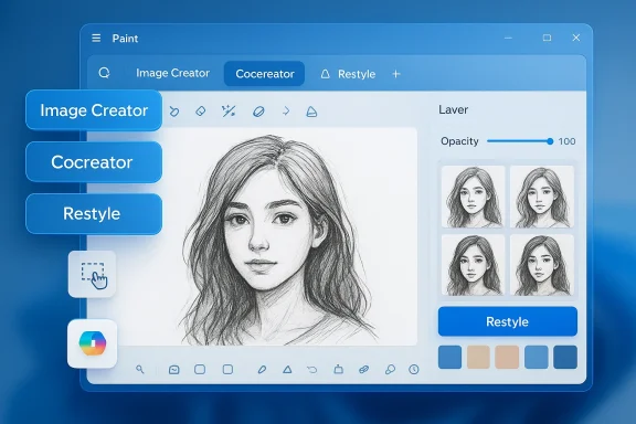 Blue digital art app UI featuring a sketched portrait editor and thumbnail presets.