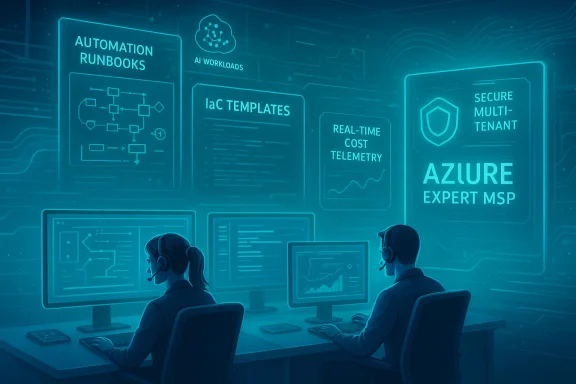 Two support engineers monitor multi-screen dashboards in a high-tech Azure MSP operations room.